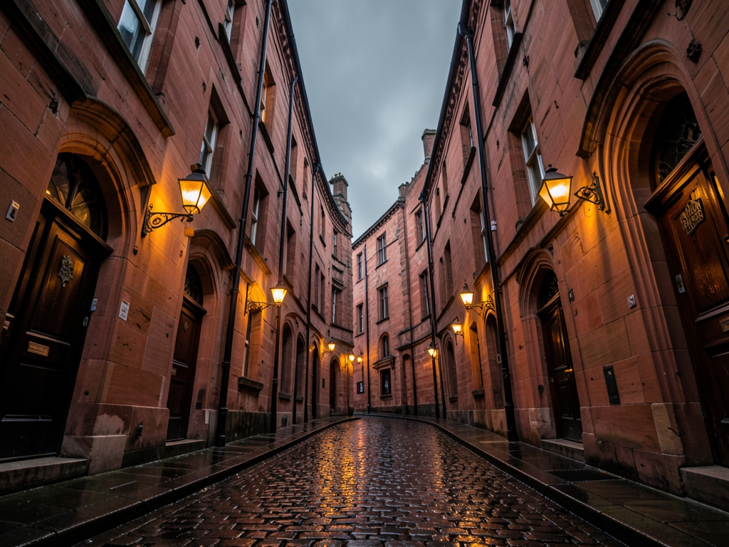 Winding cobblestone lane flanked tall sandstone tenements curving