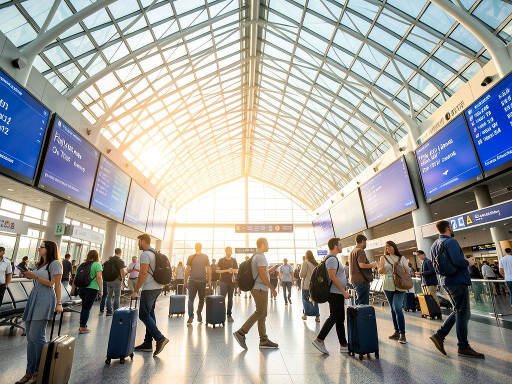 Spacious airport terminal with soaring glass roof polished