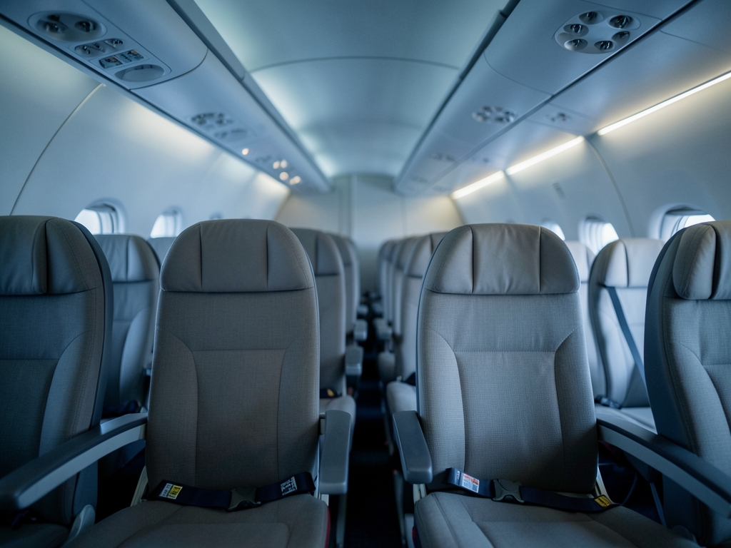 Aircraft cabin interior with rows empty seats overhead