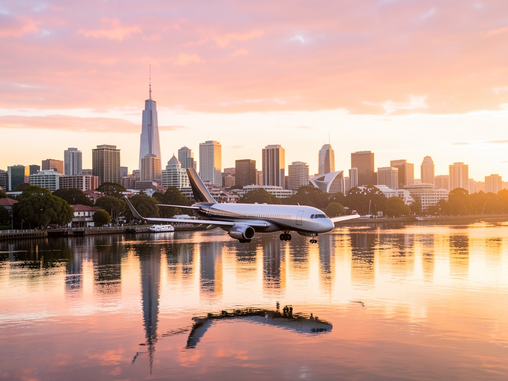 Golden hour over Yarra River city skyline soft