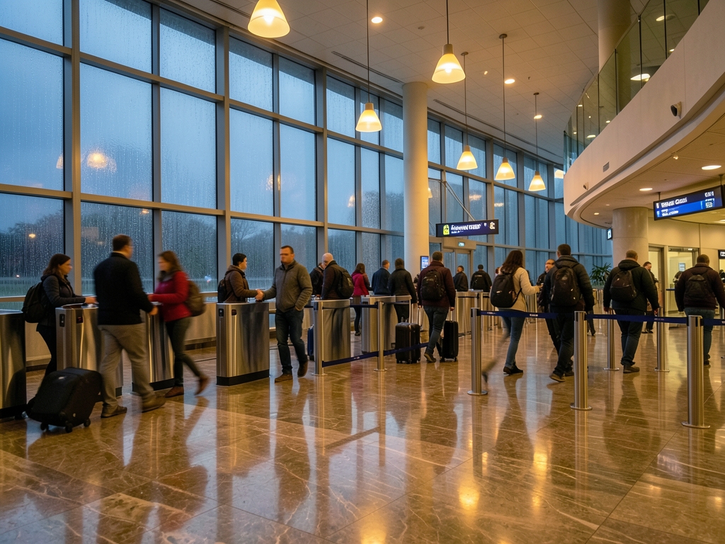Rainy evening international arrivals hall with tall windows