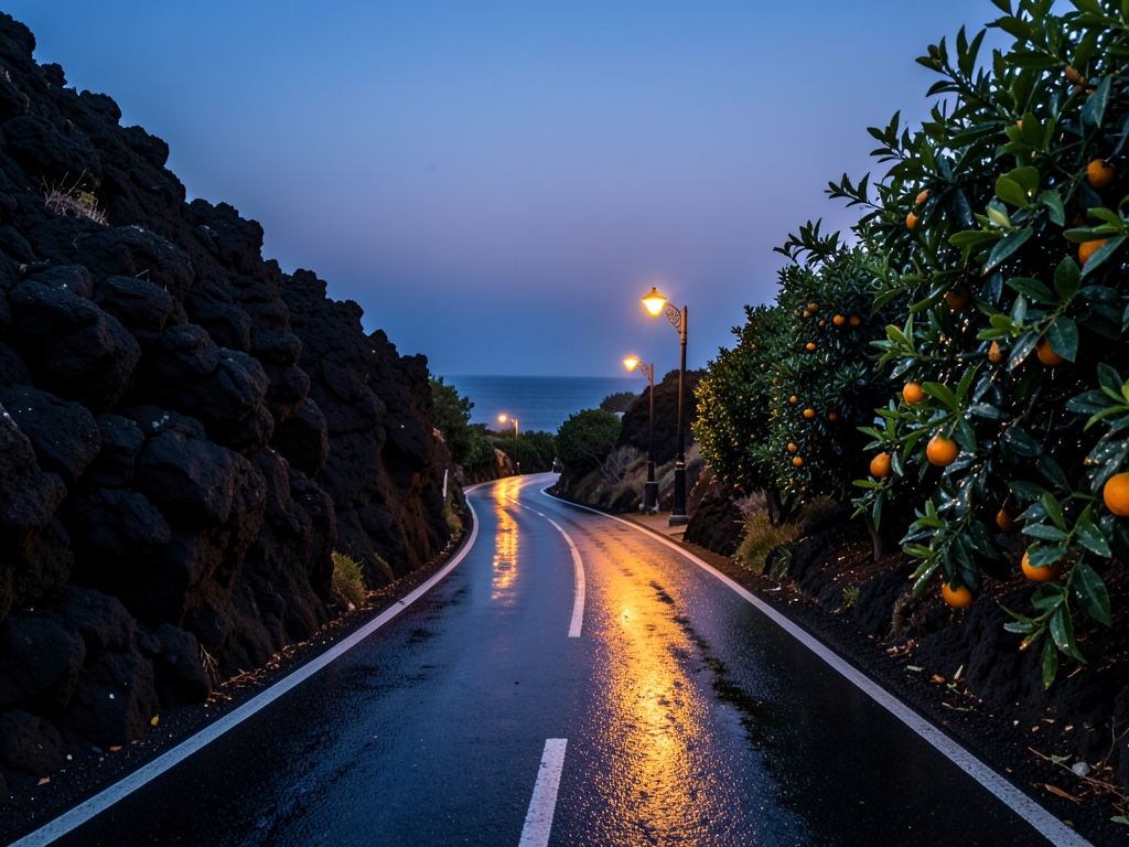 rain washed Sicilian coastal road near Catania dusk black
