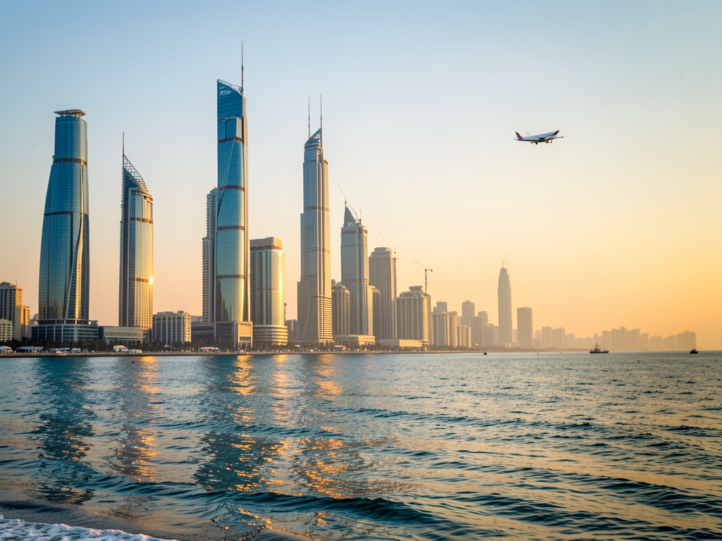 Elevated view Doha skyline golden hour with glass