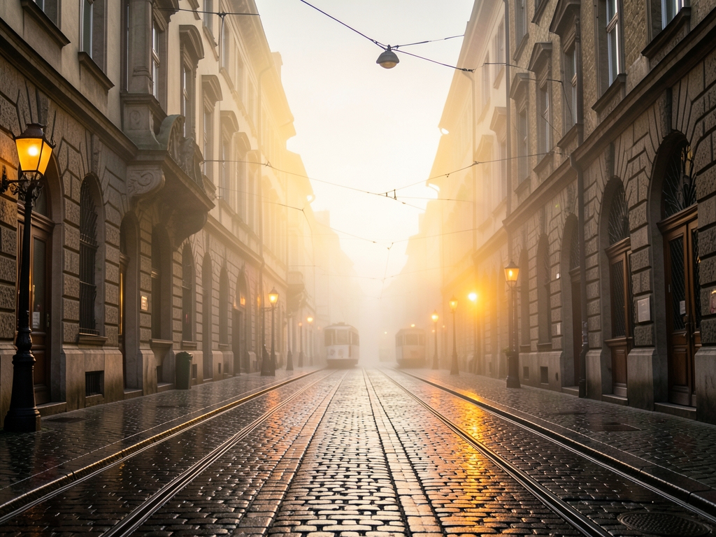 Misty European city street golden hour with cobblestones