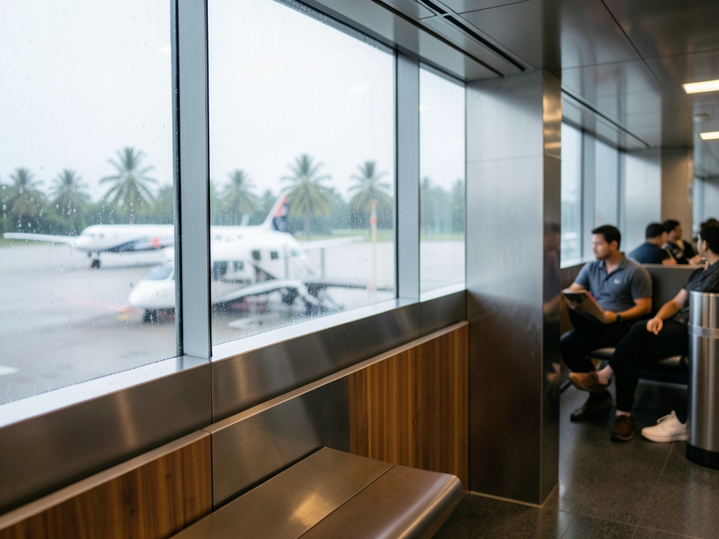 airside departure lounge window Velana International Airport shoulder season
