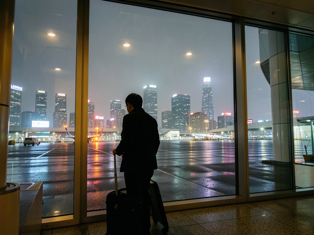 Night view Tokyo skyline through wide airport arrival