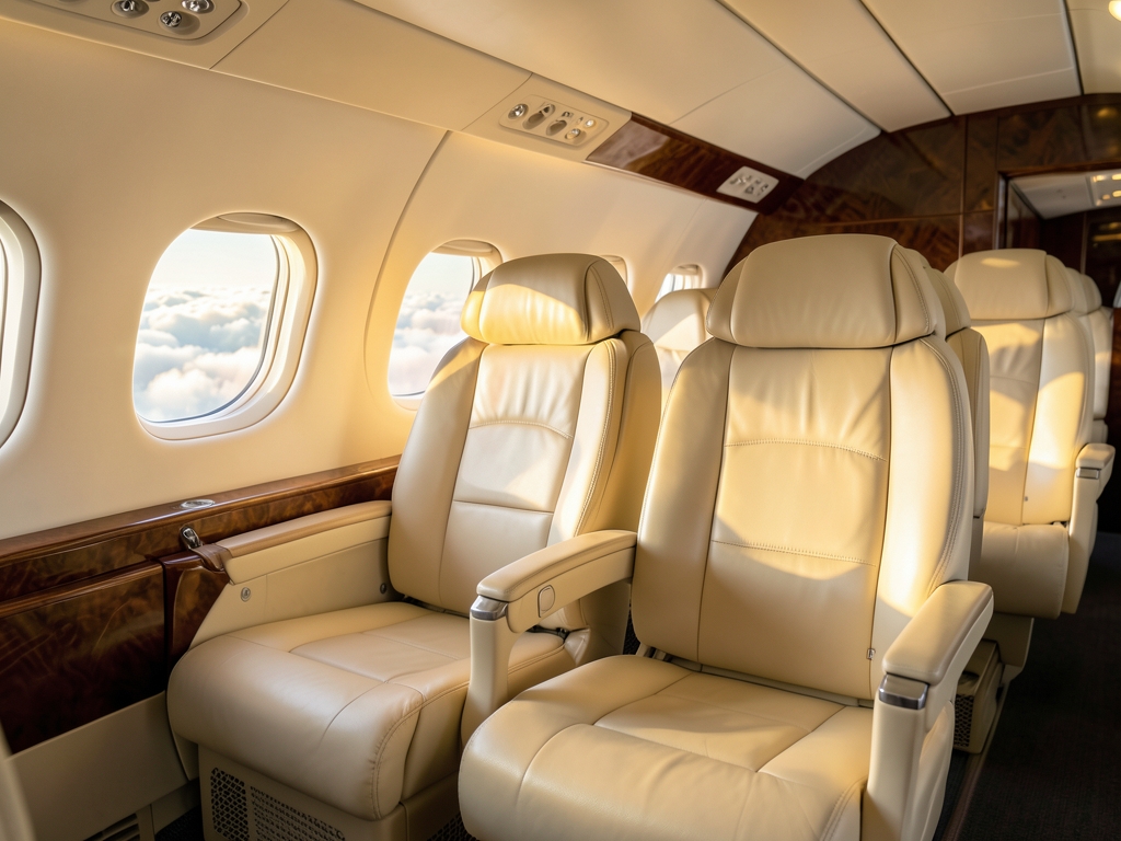Quiet aircraft cabin above clouds curved cream leather