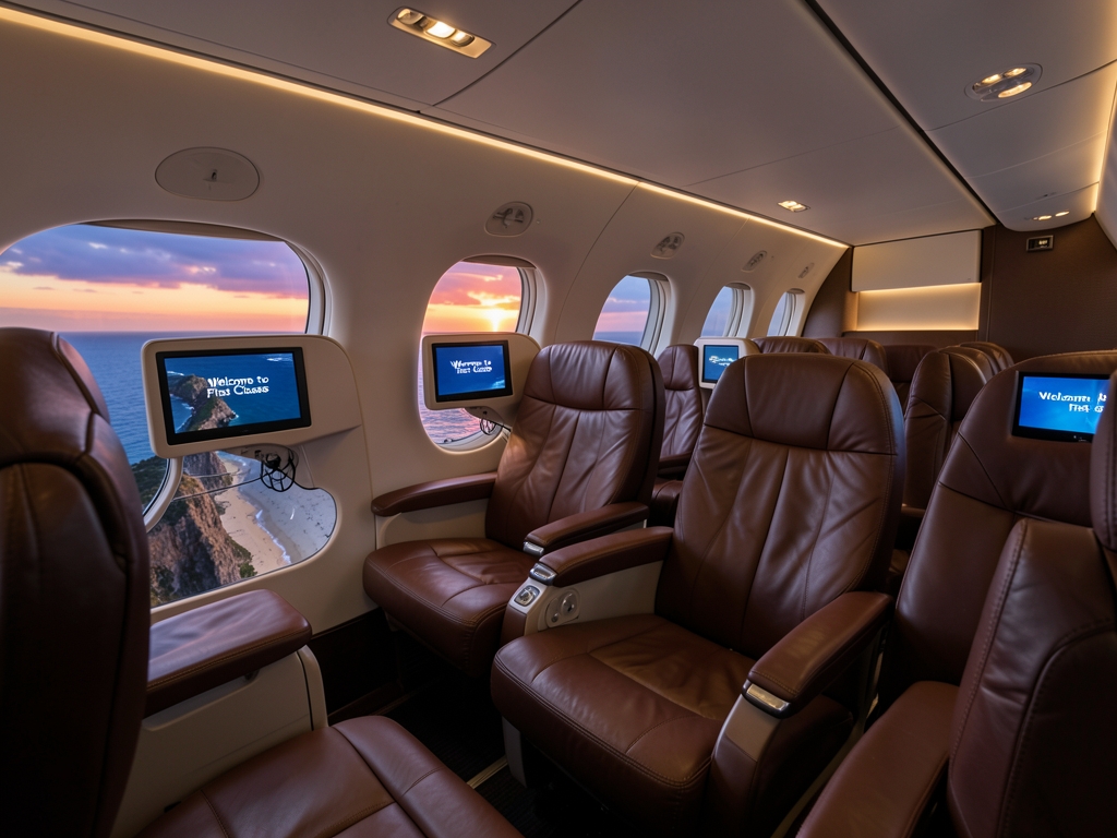Quiet premium airplane cabin with wide leather seats