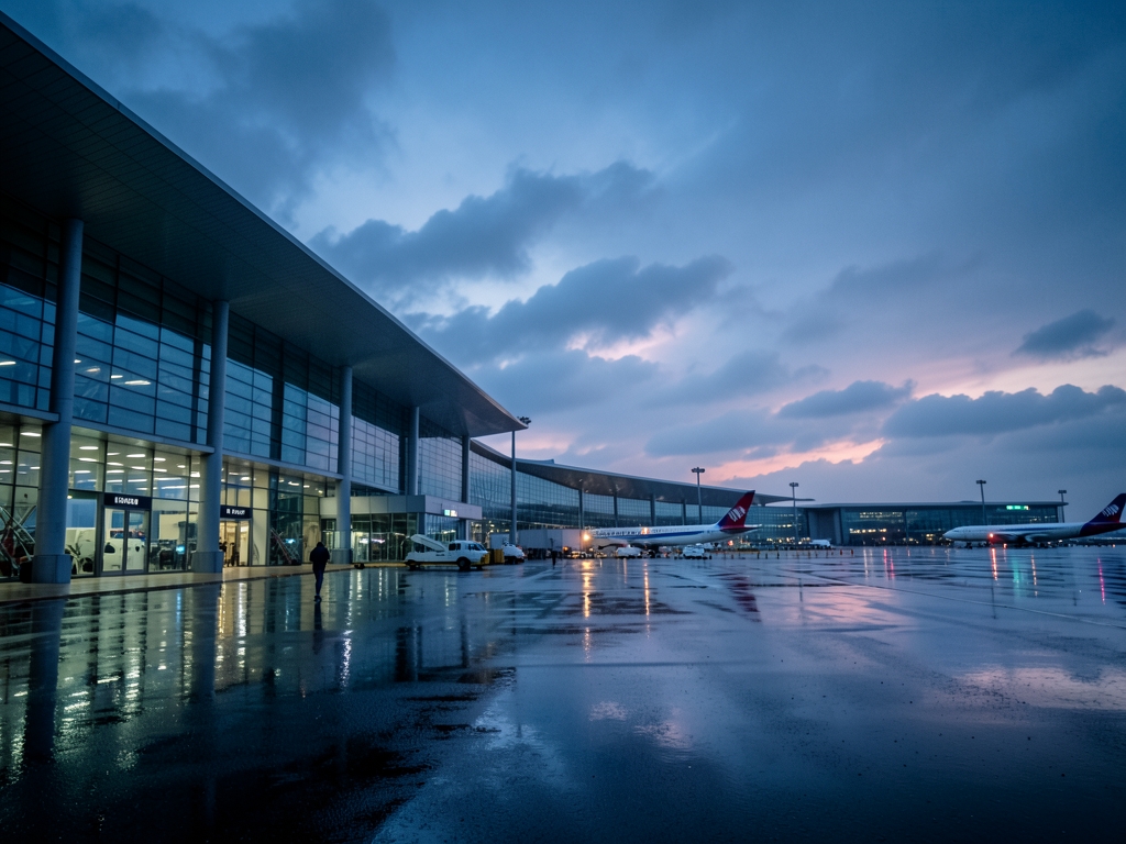 Rain darkened Narita runway blue hour sleek terminal architecture