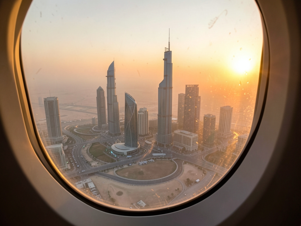 Doha skyline golden hour seen through aircraft window