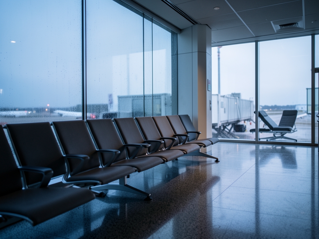 Airport gate lounge dawn empty rows seats facing