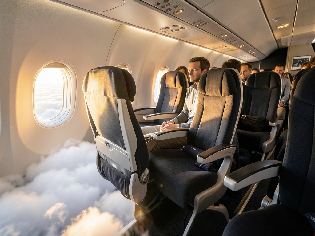 Spacious premium economy cabin above clouds flight toward London