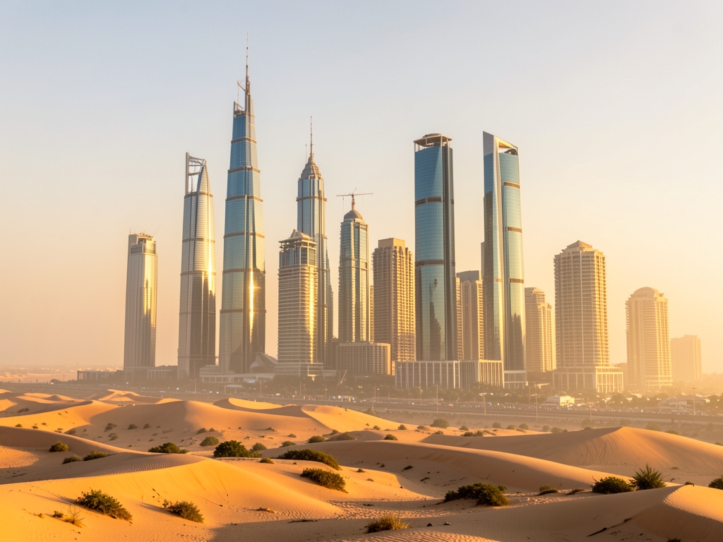 Doha skyline golden hour with modern glass towers