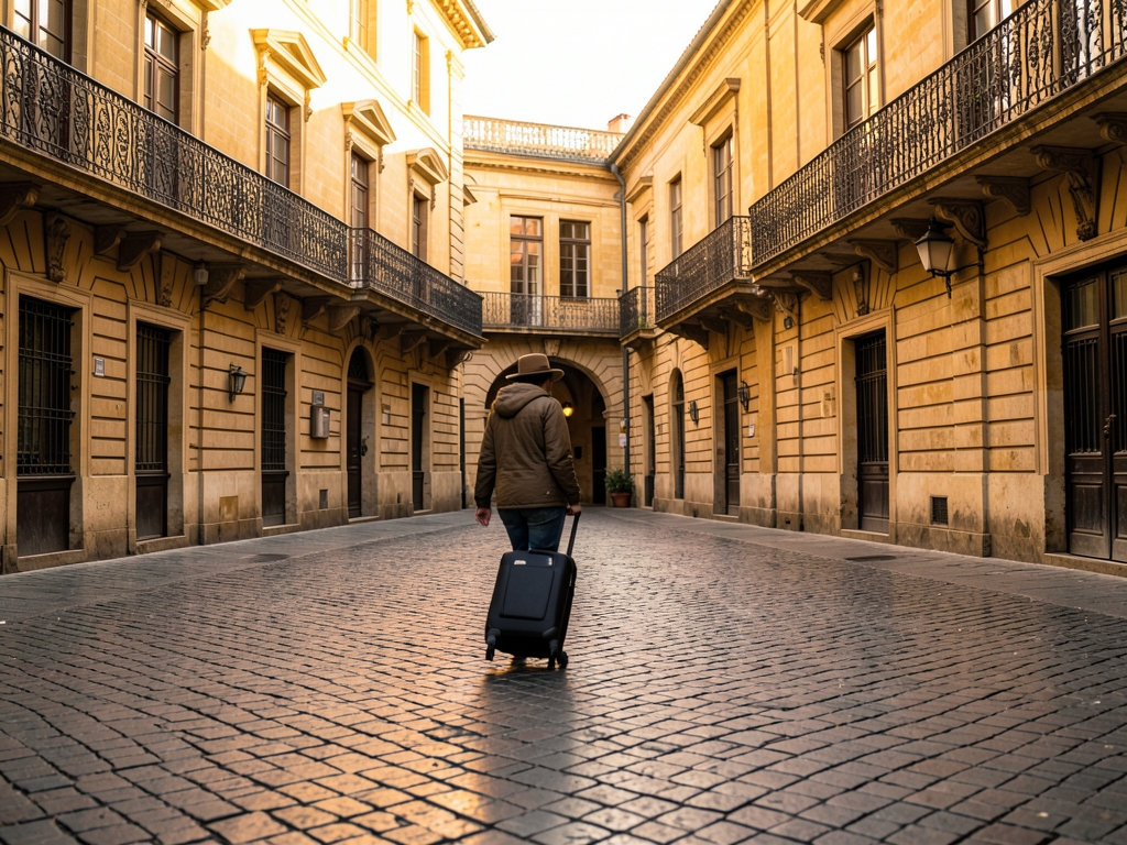 historic European plaza golden hour honey colored limestone facades