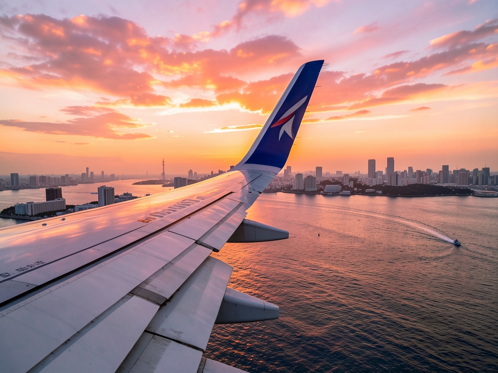 Airplane wingtip over Tokyo sunset scattered clouds glowing