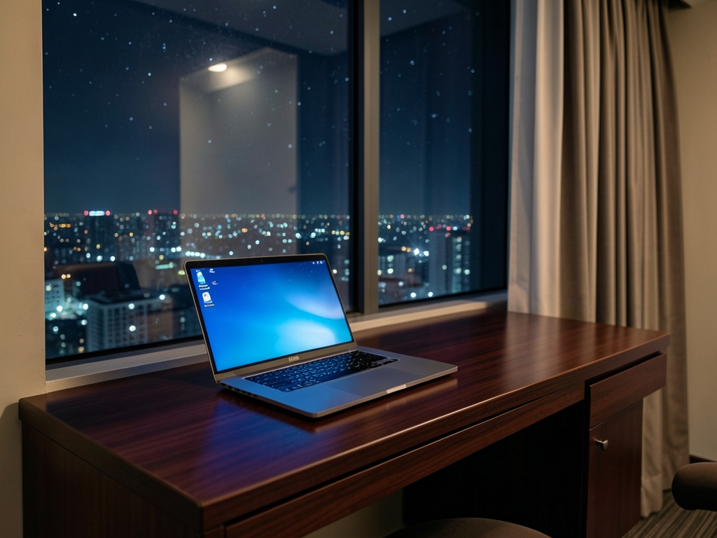 Hotel room desk night laptop glow reflecting window