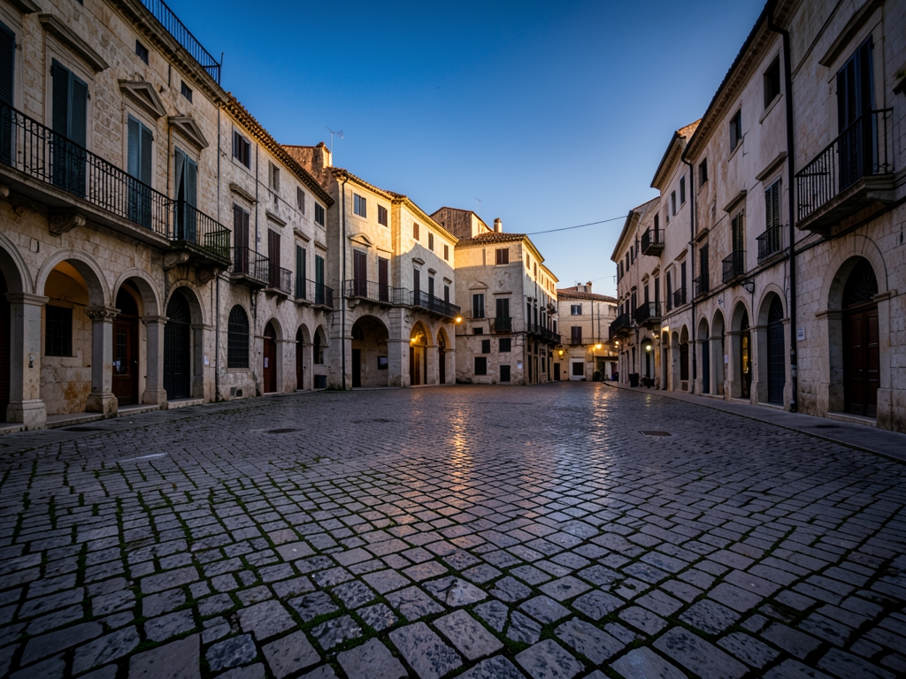 deserted cobblestone square historic Mediterranean city twilight with
