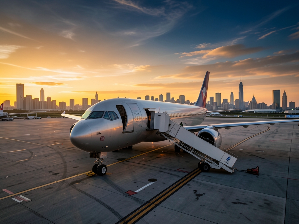 Commercial airliner tarmac sunset boarding bridge concrete apron