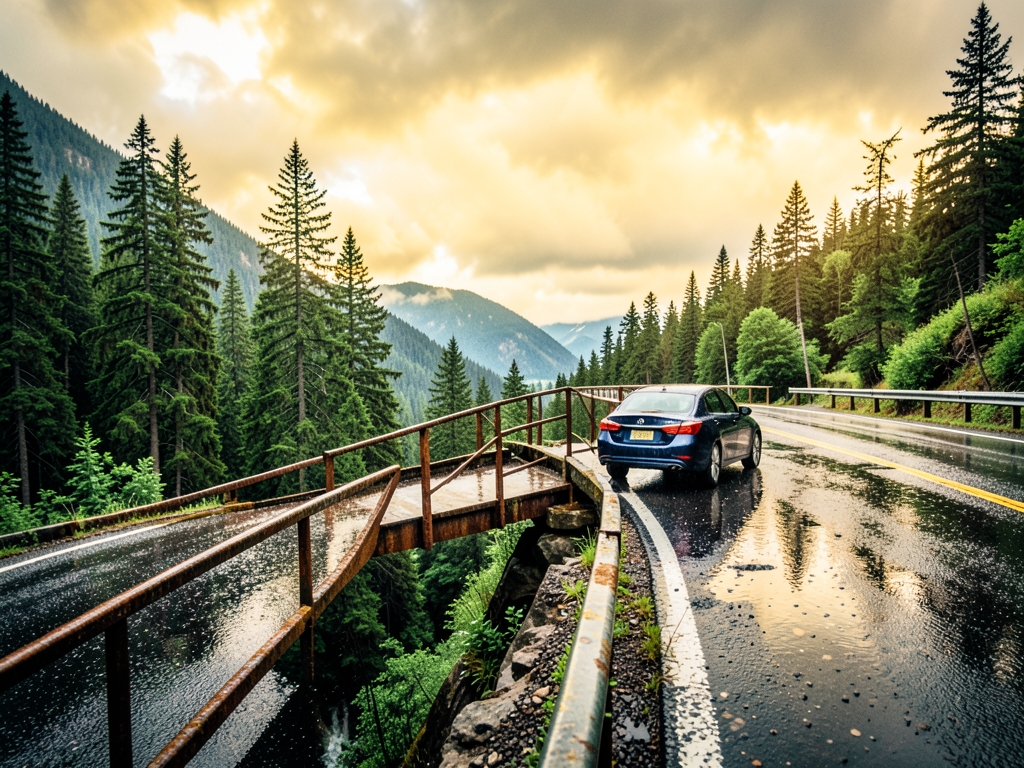 Windblown mountain road after rain dark blue crossing