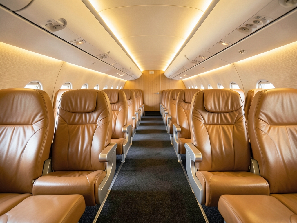 Empty modern aircraft cabin with wide leather seats