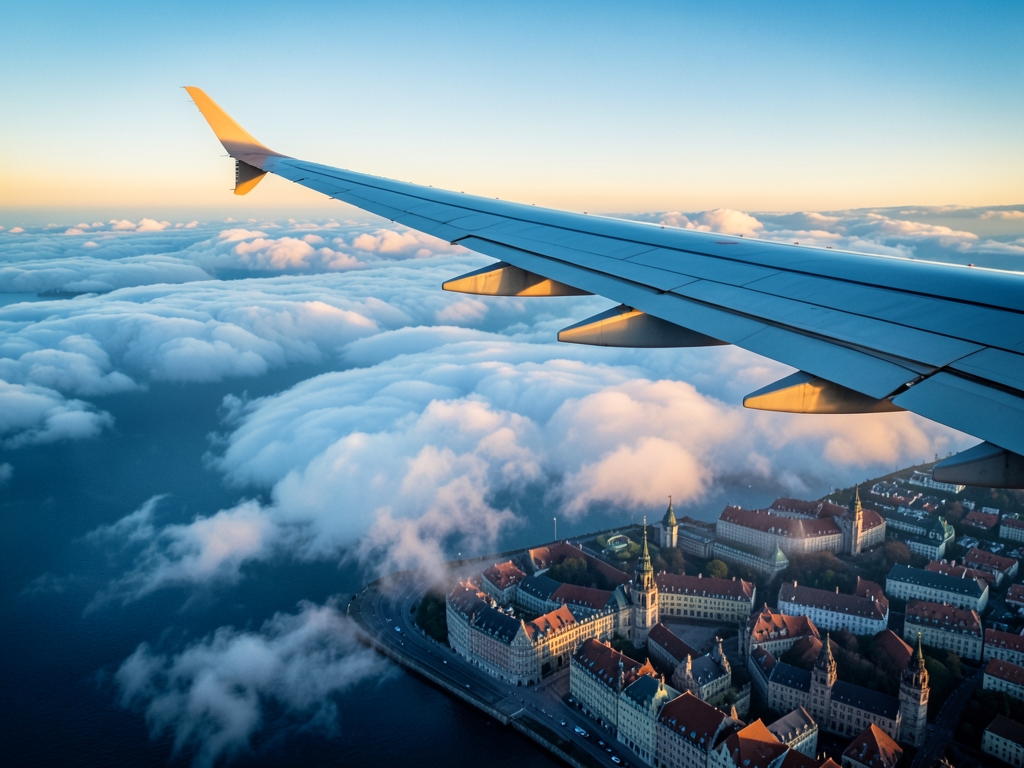 Wide view transatlantic wing over cloud layers golden