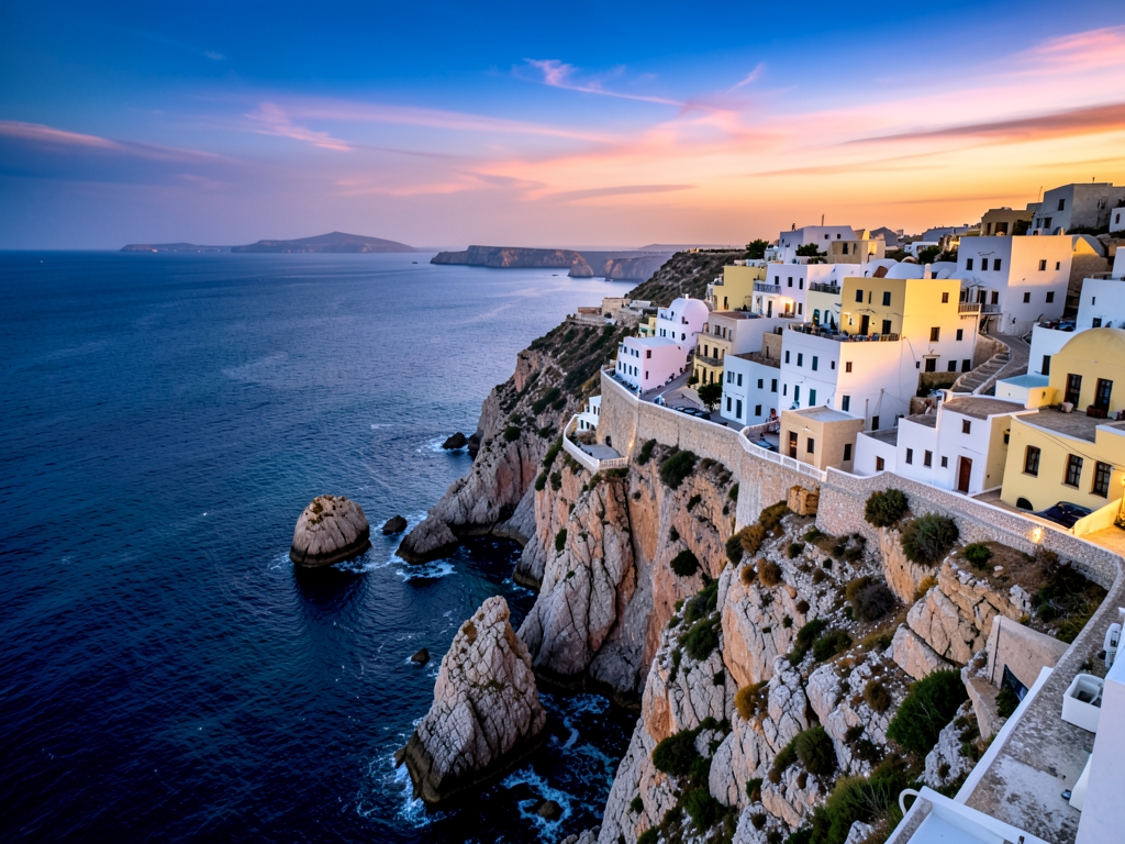 sweeping sunrise view rugged Cyprus coastline with whitewashed