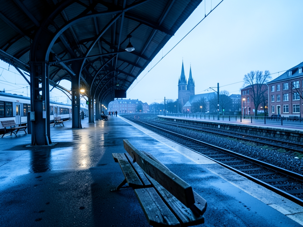 Arched train station platform Copenhagen rain slicked steel rails