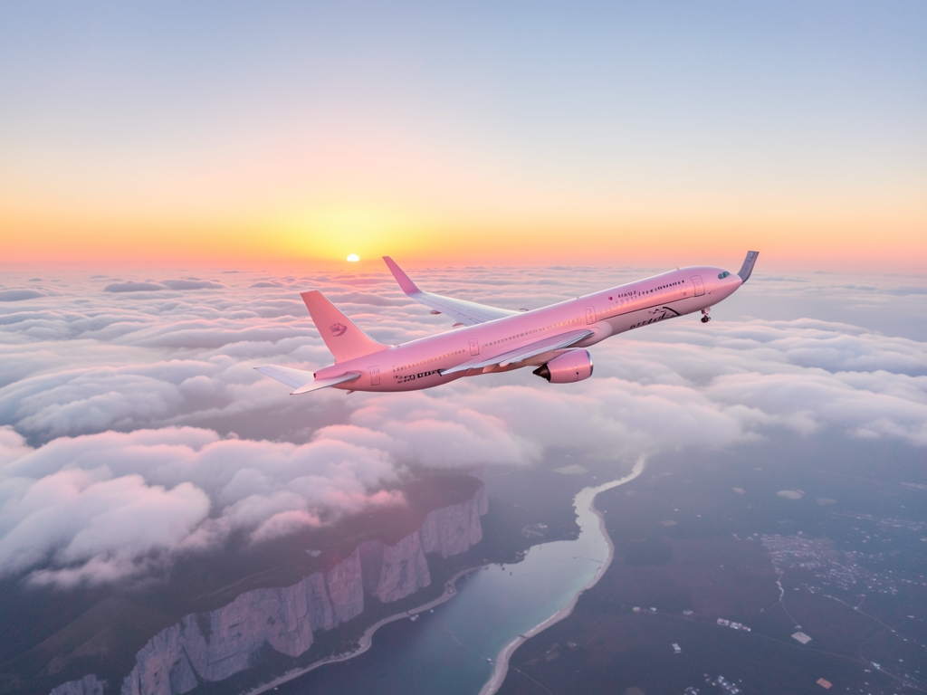 Aerial view long haul aircraft flying above layered clouds