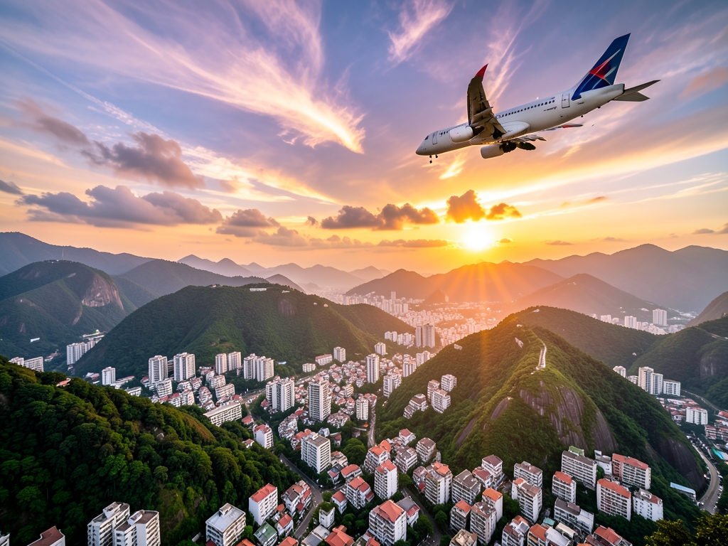 departing aircraft above Hong Kong Island layered green
