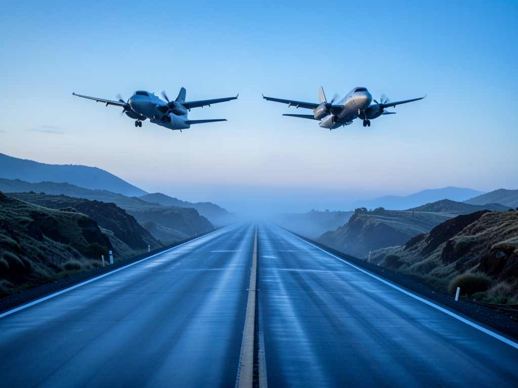 Misty Patagonian dawn with aircraft approaching windswept runway
