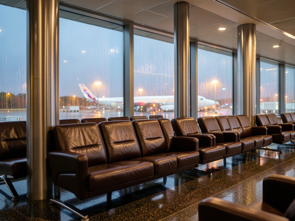 Rainy autumn departure lounge with leather seats brushed metal