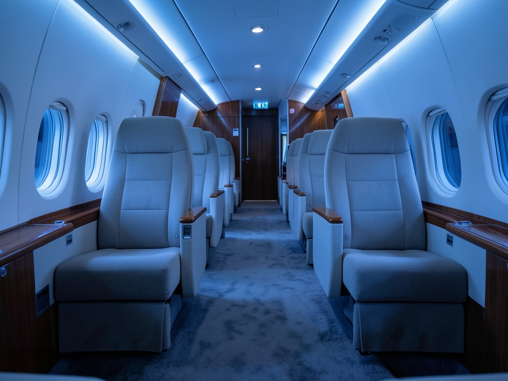 Aircraft cabin aisle soft blue twilight polished wood
