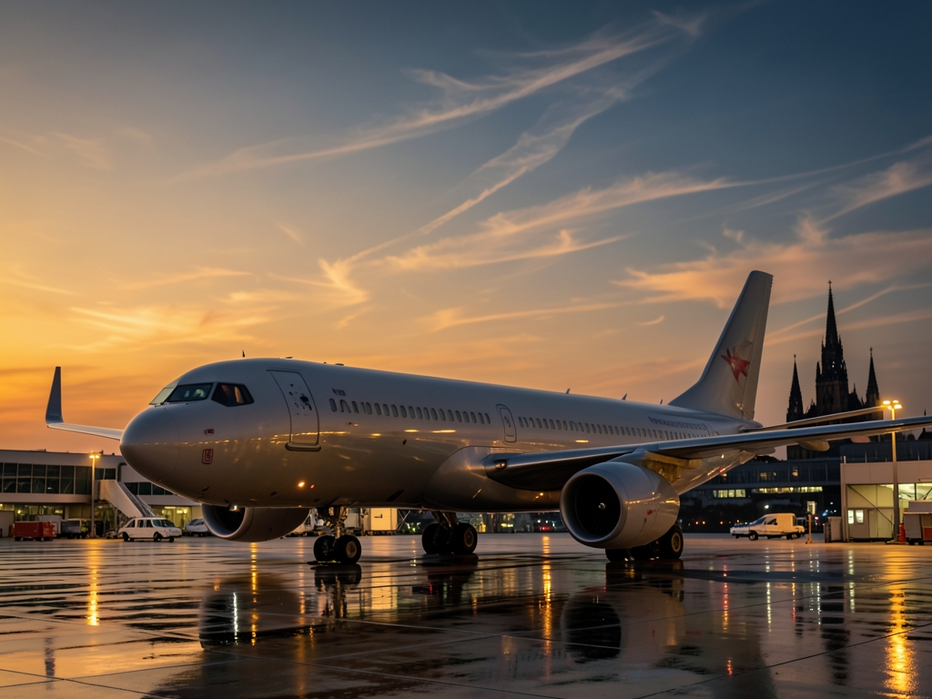 sleek wide body aircraft parked European city airport dusk