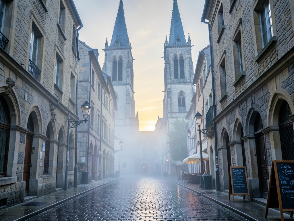 European old town street dawn with cobblestones stone facades