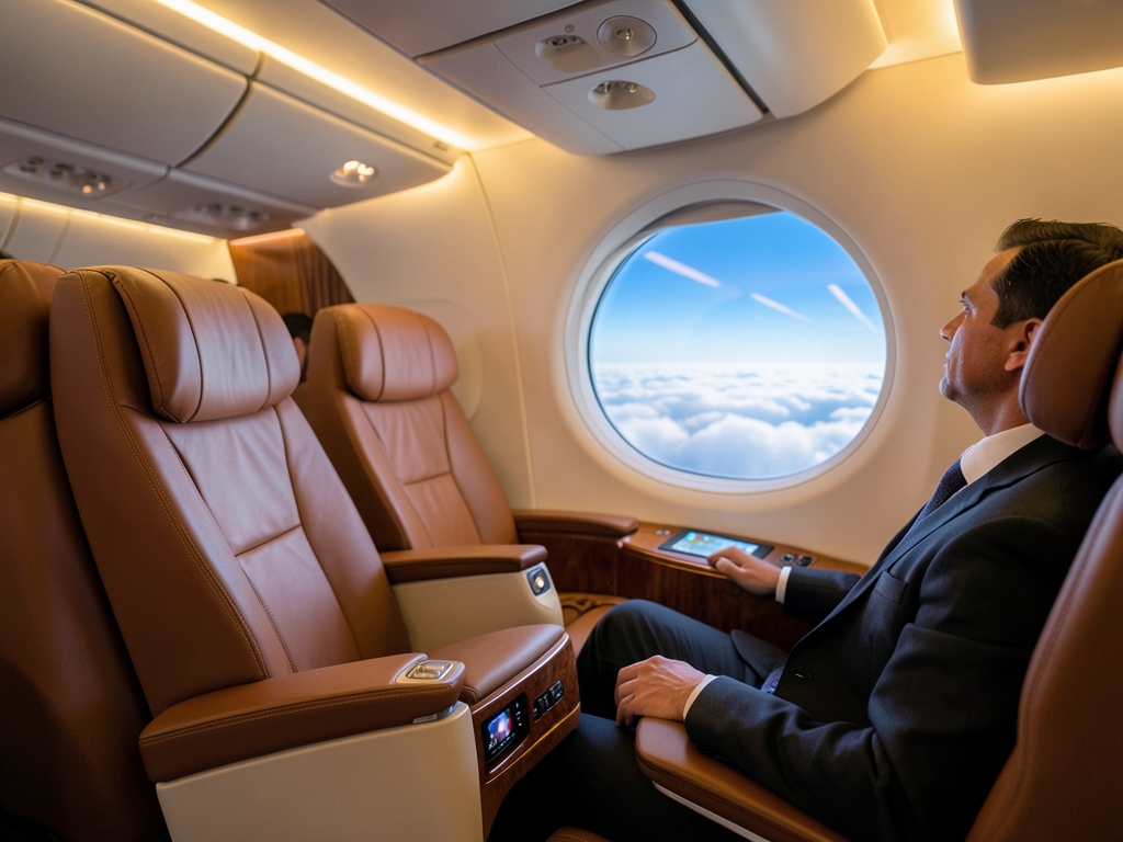 Inside spacious business class cabin soft ambient lighting highlights