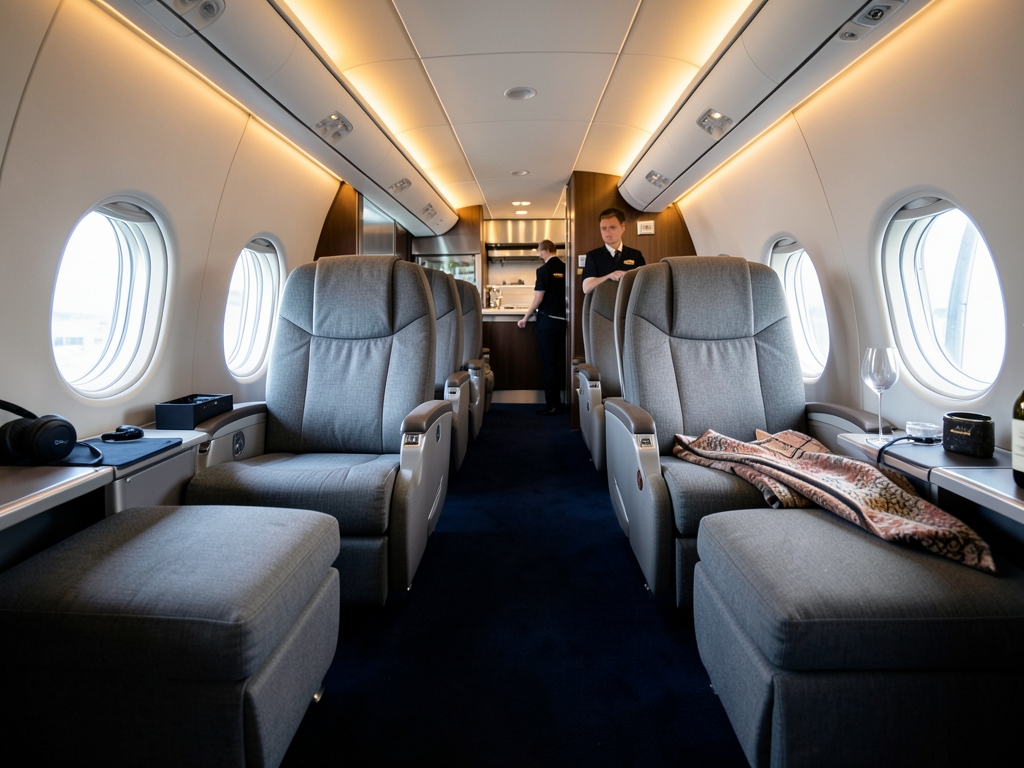 Spacious business class cabin with lie flat seats soft amber