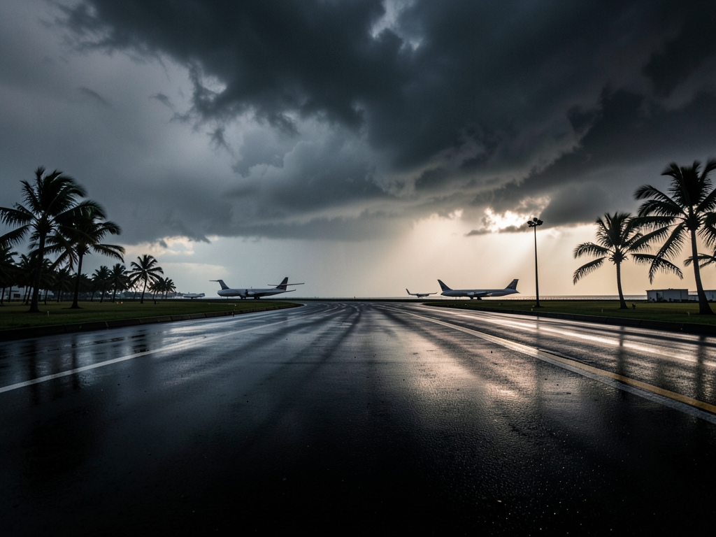 Coastal airport runway dusk under heavy hurricane clouds