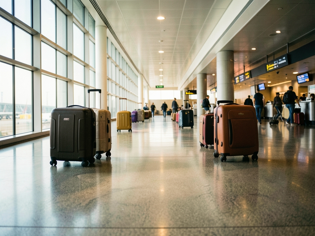 Soft lit airport corridor with polished concrete floors tall