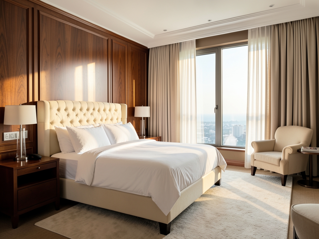 Refined king suite bedroom soft morning light walnut panels