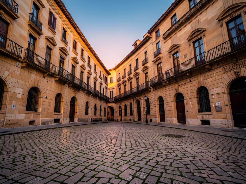 Historic Madrid stone plaza mellow autumn dusk warm