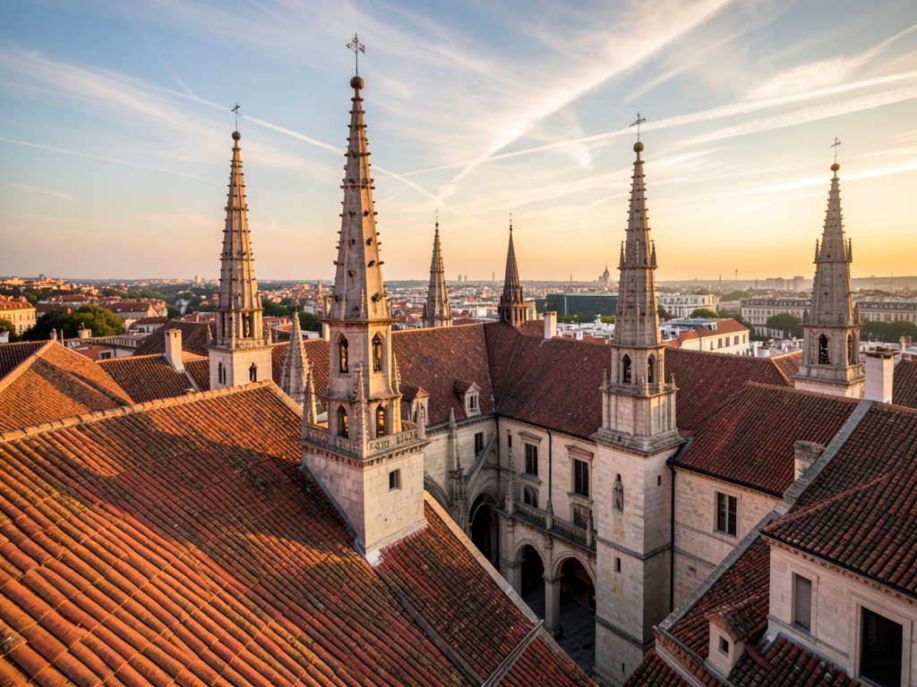 Madrid rooftops historic stone spires under golden hour light