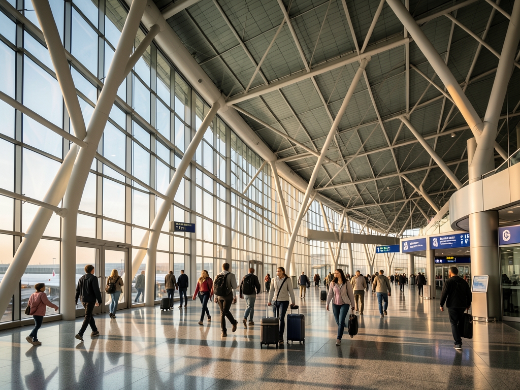 Modern airport terminal with soaring glass steel architecture