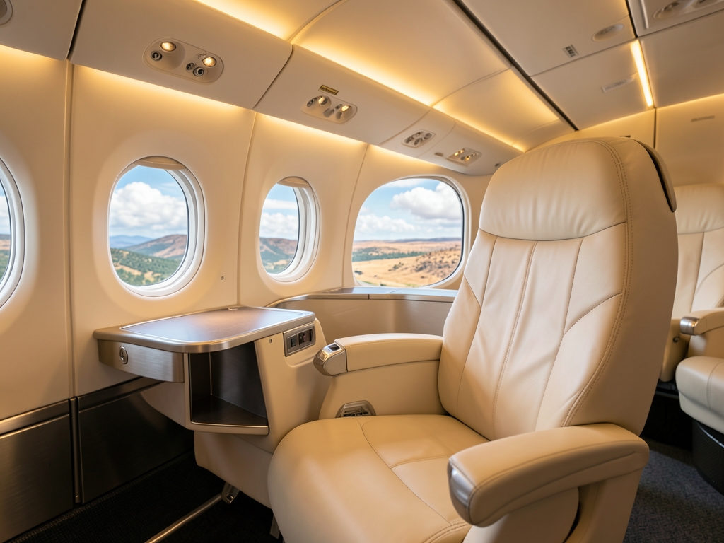 Premium airplane cabin with wide reclining seats warm