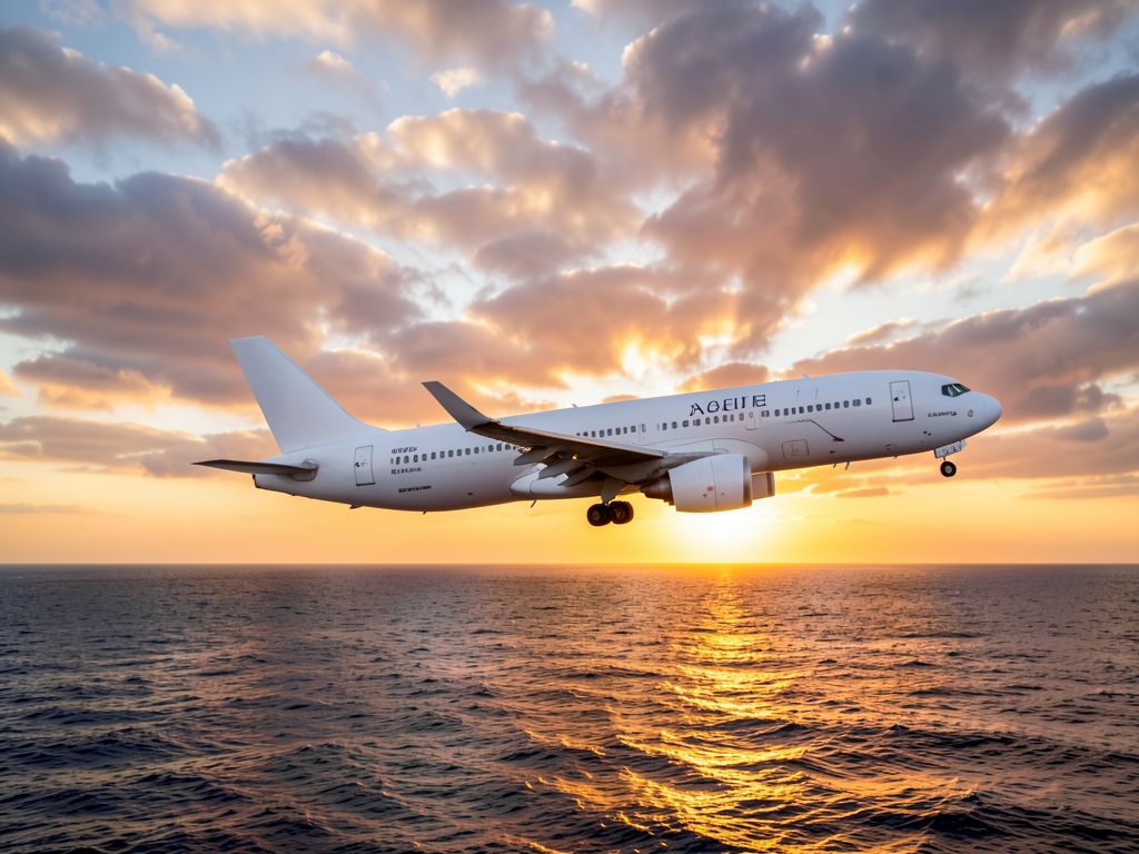 wide body airliner crossing Atlantic sunset white fuselage above