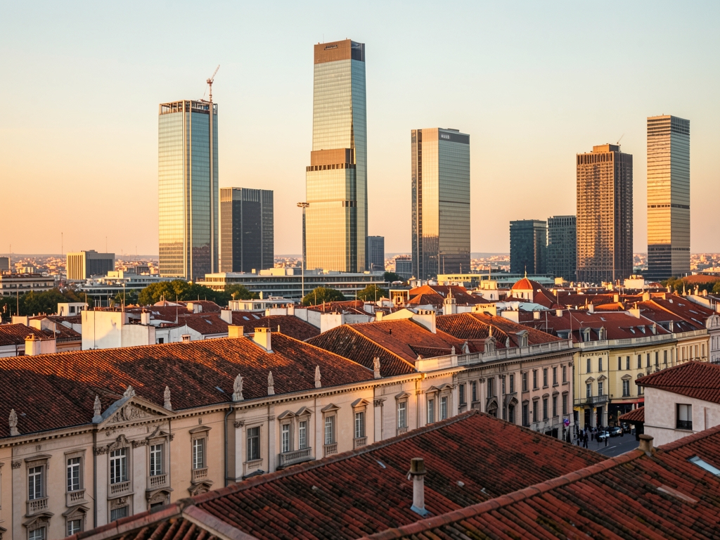 Madrid city skyline golden hour with historic rooftops