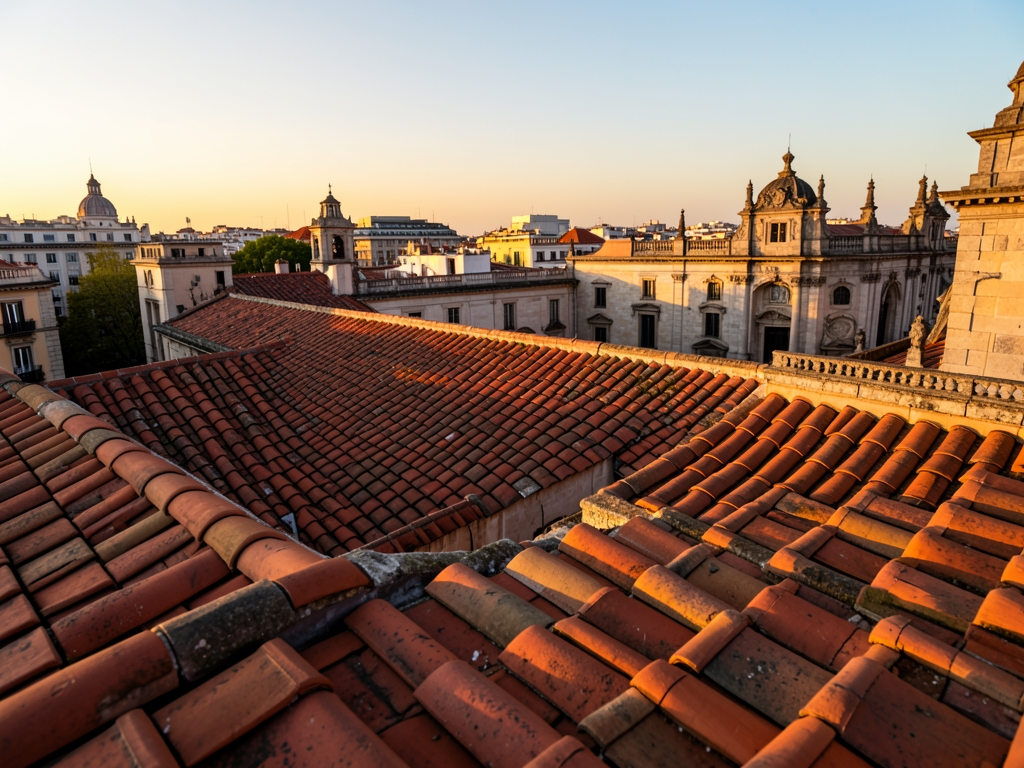 Madrid rooftops terracotta tiles under warm golden sunset