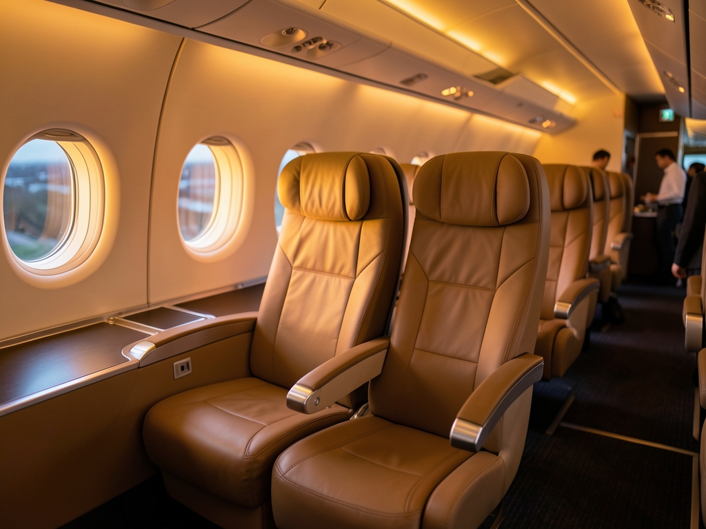 Wide business class cabin dusk warm amber light through
