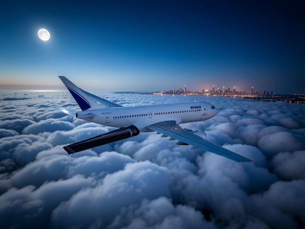 Sleek passenger wing gliding above moonlit Atlantic clouds