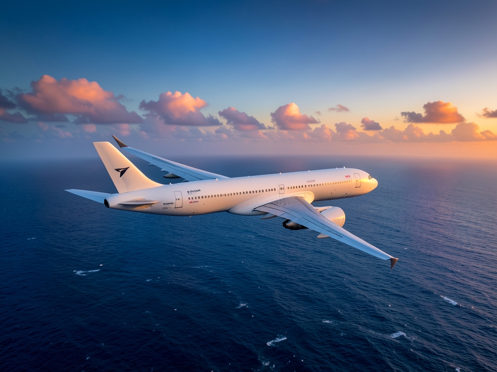 Aerial view sleek white widebody aircraft cruising above