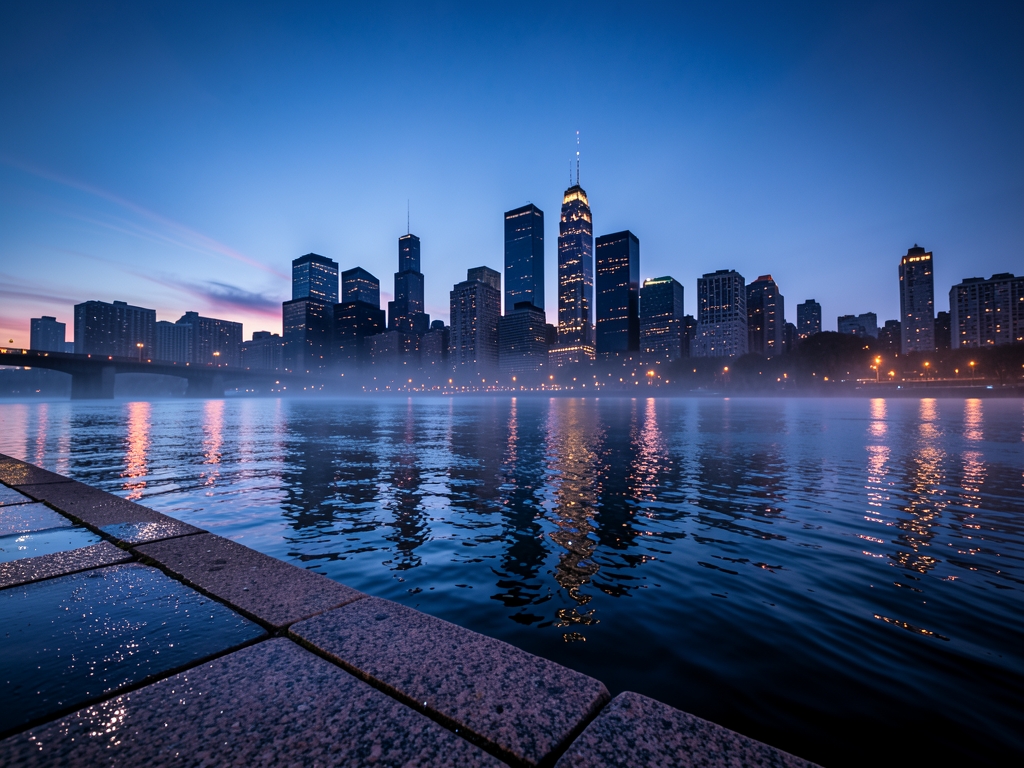 Steel blue twilight settling over misty Hudson River with